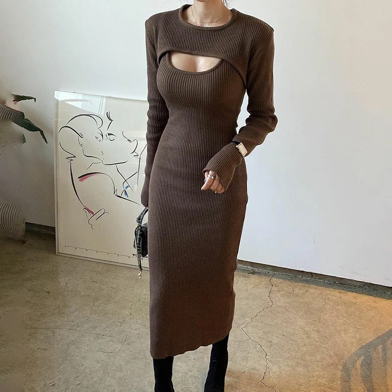 

Elegant 2 pieces Women Knitted Dress Solid Bodycon Sweater Dress 2021 Autumn Spring Ladies Work Wear Long Sleeve Slim Dresses