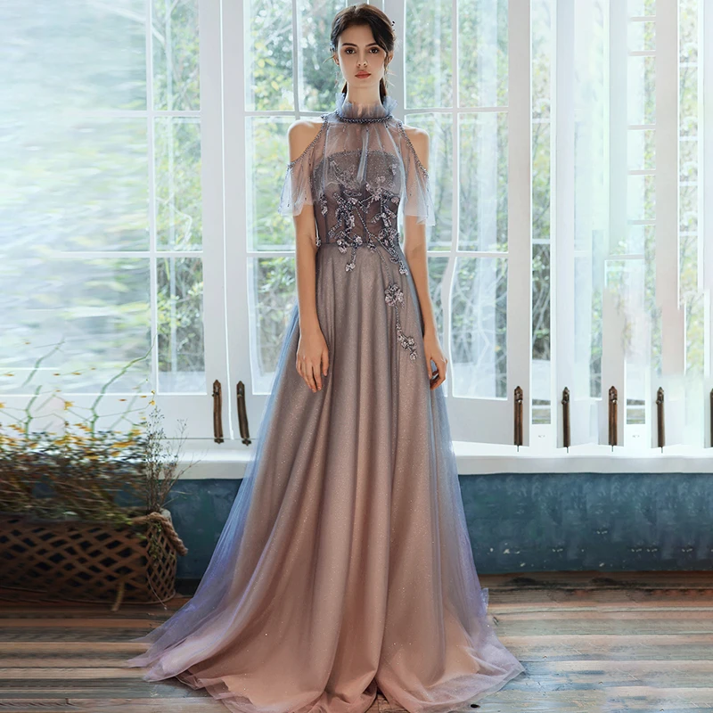 

Новинка, вечернее платье с оборками и коротким рукавом, женское платье-трапеция до пола с высоким воротником и цветочным принтом, украшенно...