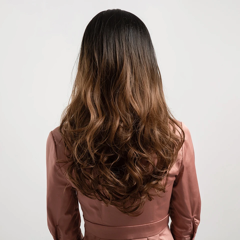 EASIHAIR длинные Омбре коричневый синтетические парики для черных женщин парики с челкой высокая плотность температура Glueless Волнистые Косплей парики