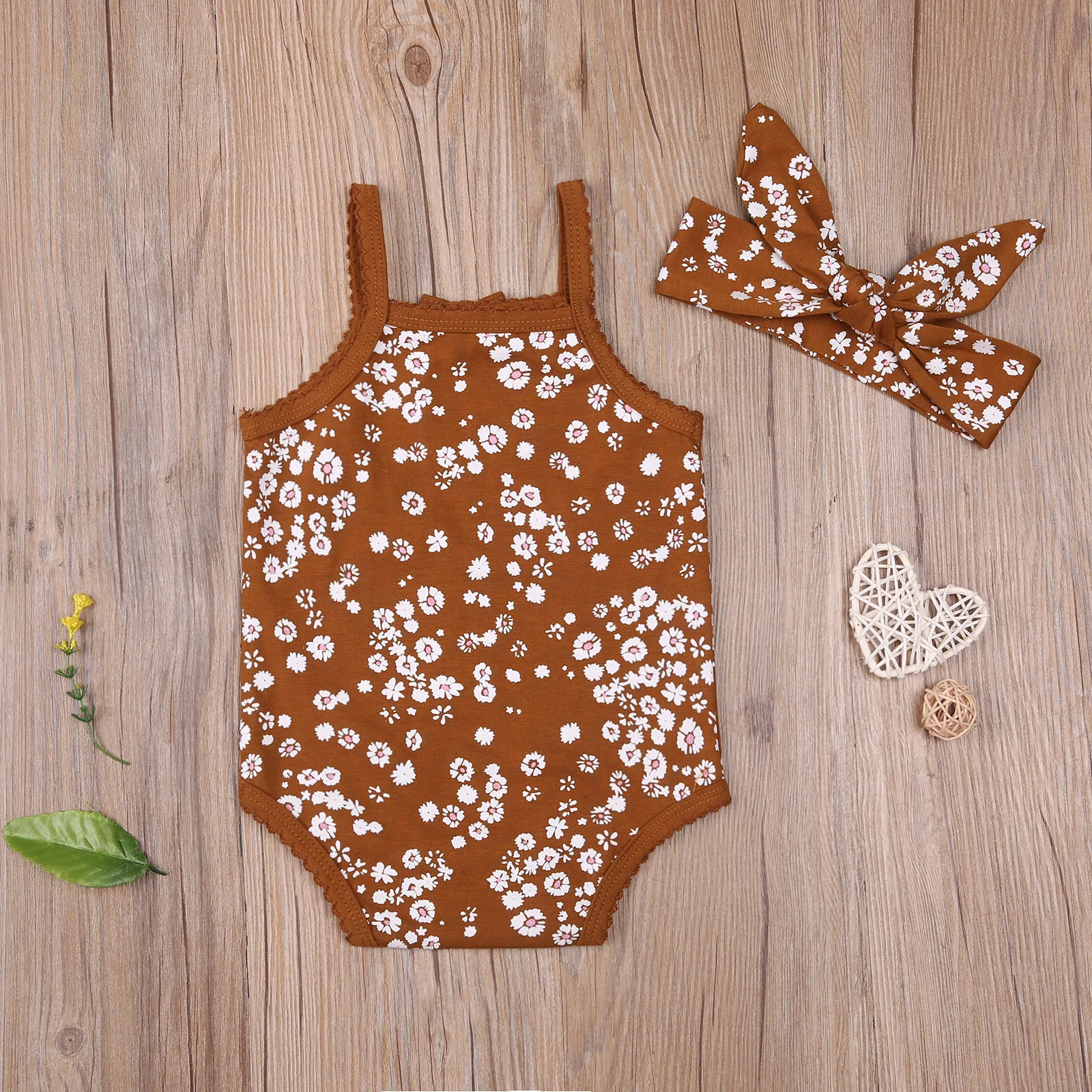 

2021 New Summer 0-24M Baby Girl Little Flowers Print 2Pcs Set Bow Lace Spaghetti Straps Sleeveless Bodysuit+Headband 2 Colors