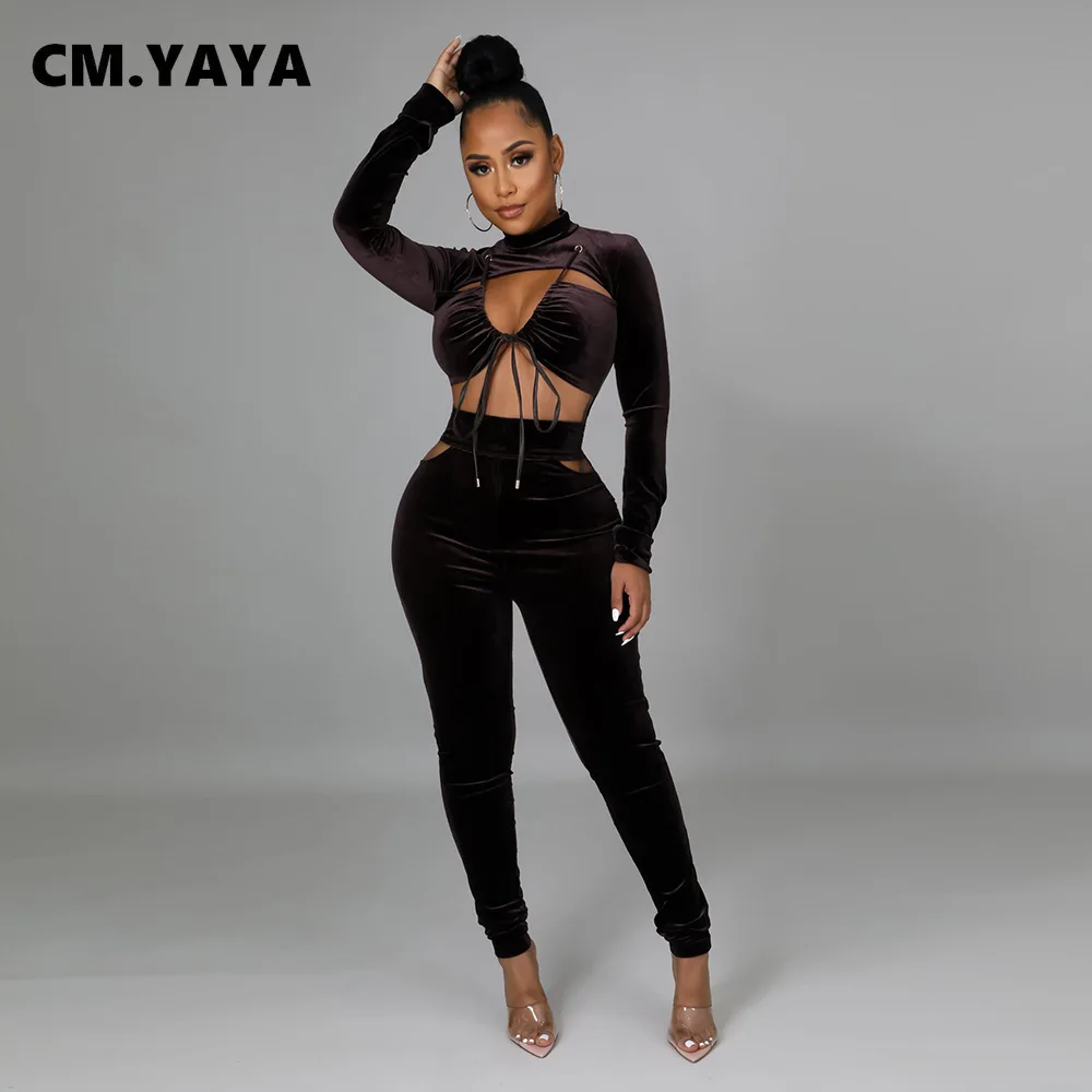 Женский бархатный Облегающий комбинезон CM.YAYA с вырезами и кружевом длинным