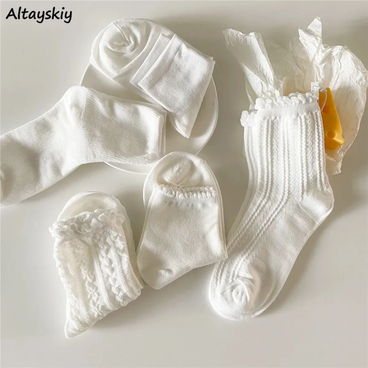 

White Socks Women Summer Sweet Solid Ins Fashion Cotton Low Tube Breathable Pleated Stretchy High Quality Cute Student All-match