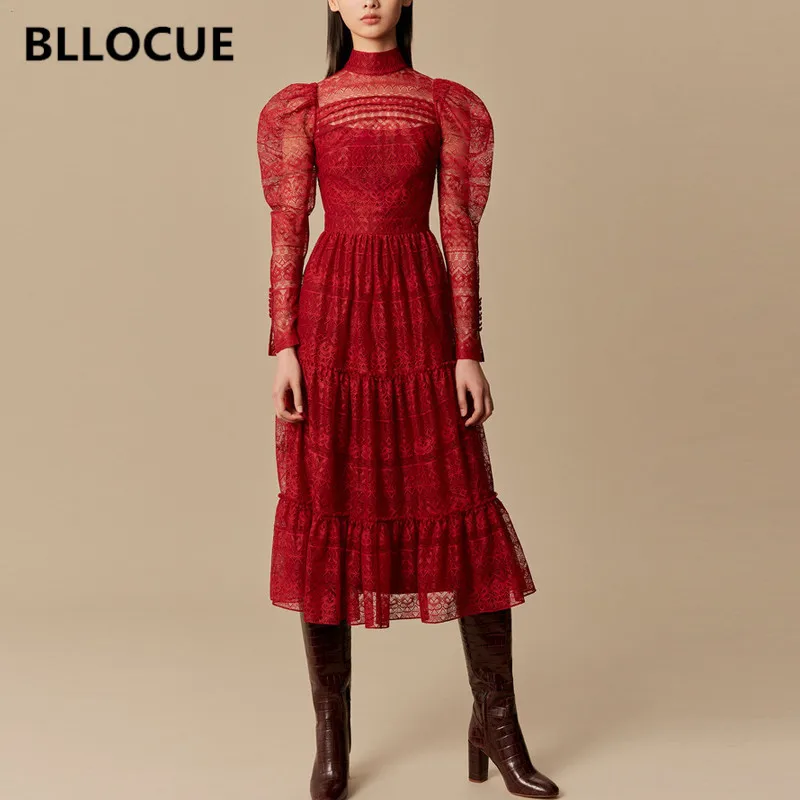 Женское винтажное кружевное платье BLLOCUE элегантное красное с высоким воротником