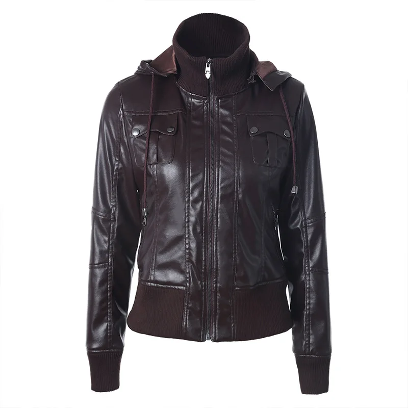 

Rib Stitching Hooded Drawstring High Neck Zipper PU Leather Motorcycle Jacket Coat Women