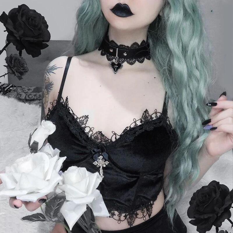 

Mall Goth Cross Black Camis Vintage Aesthetic Lace Patchwork Velvet Camisole Grunge Spaghetti Straps V Neck Cropped Tops