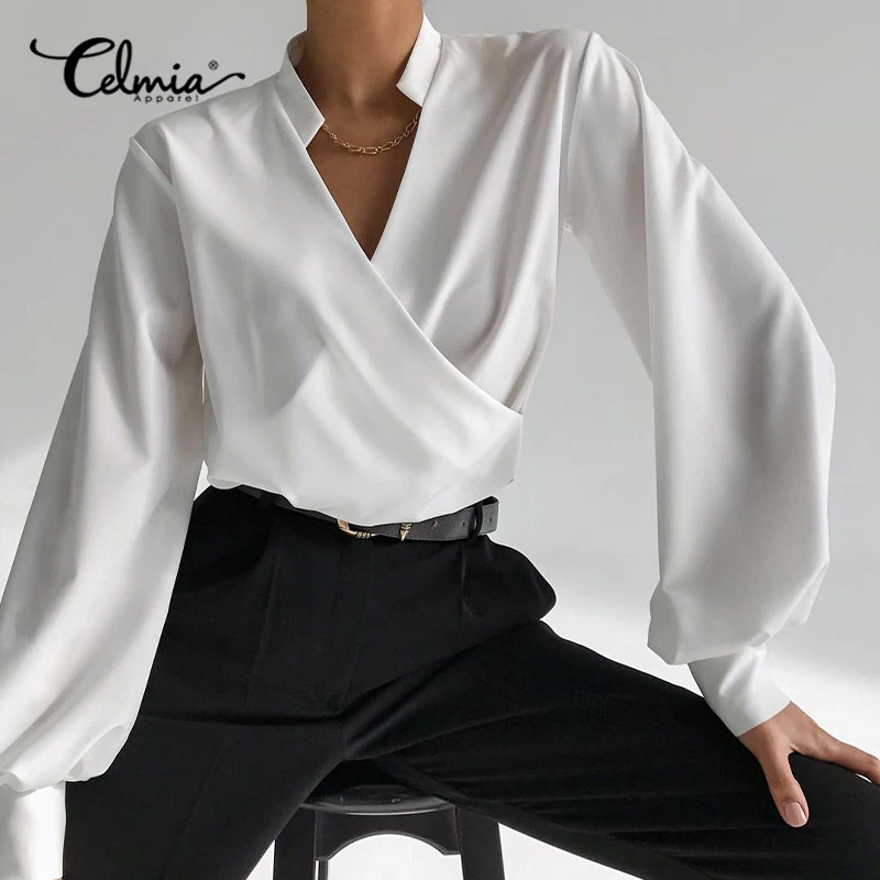 

Celmia Elegant Blouse 2021 Autumn Women's Tunic Sexy V Neck Long Lantern Sleeve Shirts Solid Casual Irregular Hem Tops Blusas