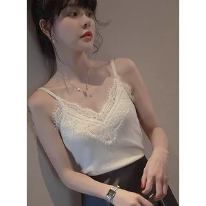 Womens Tops Sexy Knitted White Sleeveless Camis Women Backless Lace Vest Tops V-neck  Spaghetti Strap Tank Top Women
