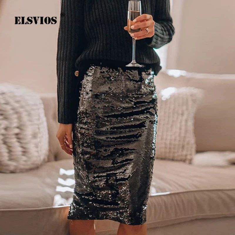 Весна 2020 блестящая юбка карандаш с блестками Женская эластичная летняя