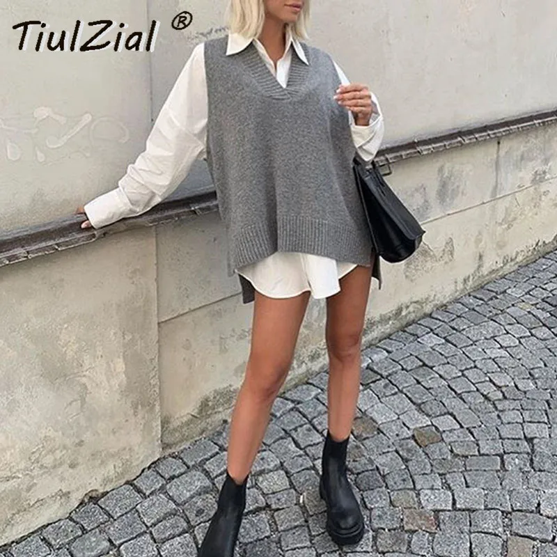 Женское длинное платье-свитер без рукавов TiulZial Серый Свободный Повседневный