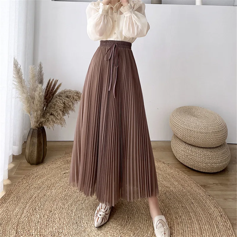 

Spring and Summer New Style Mesh Skirt Women's Lace-up Bow Drape High Waist Skirt A-line Mid-length Gauze Skirt