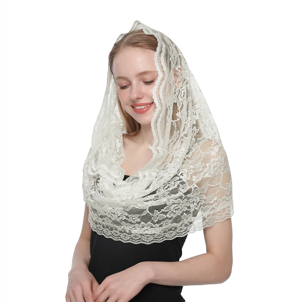 Women Lace Tassel Sheer Floral Print Veil Church Mantilla Scarf Shawl Wraps XI 