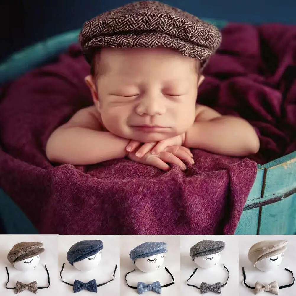 Emmababy New Brand Baby Peaked Beanie Cap Hat +Bow Tie Photo Photography Prop Outfit Set | Детская одежда и обувь