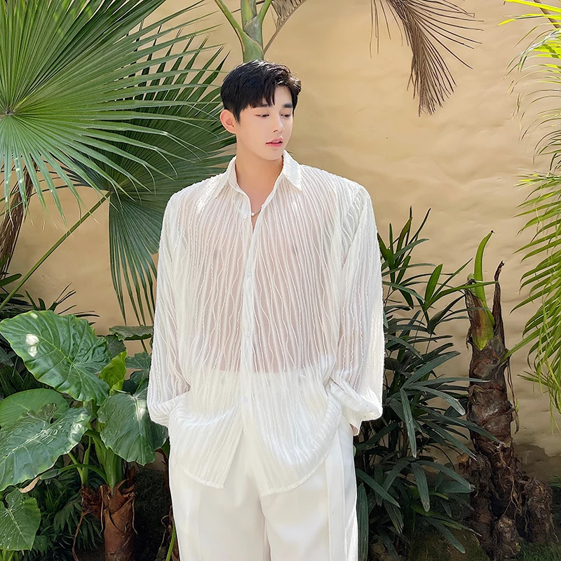 

Menswear Shirt Men Net Celebrities Thin Translucent Loose Casual White Long Sleeve Shirt Streetwear Fashion Male Beach Shirt Man