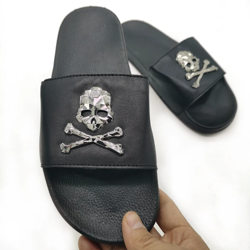 Шлепанцы COOLSA мужские с черепом Нескользящие летние сандалии из воловьей кожи