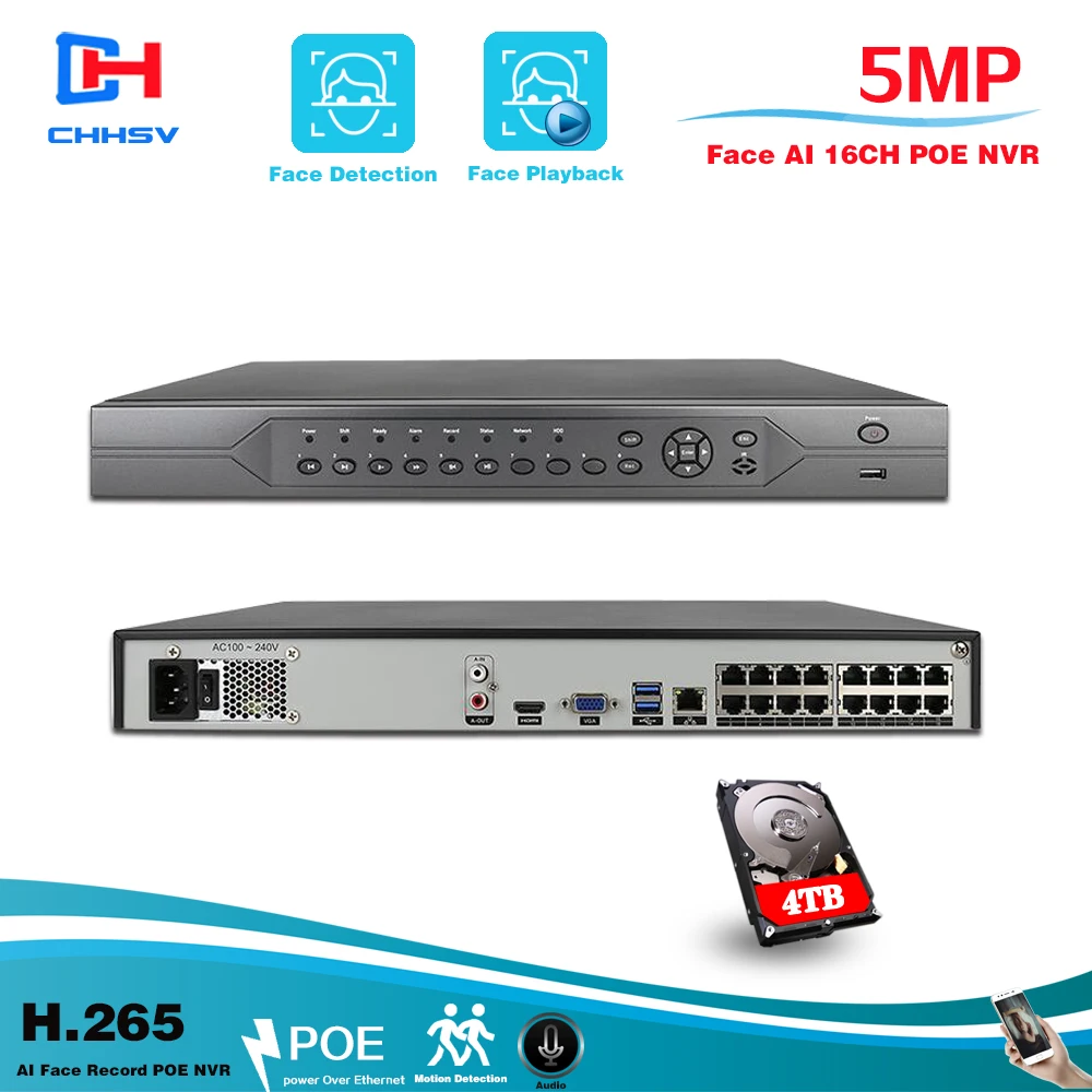 

16CH 5MP POE NVR 48V Real PoE NVR 5MP 3MP 8MP 4K Network Video Recorder for PoE IP Cameras P2P XMeye CCTV System Onvif FTP