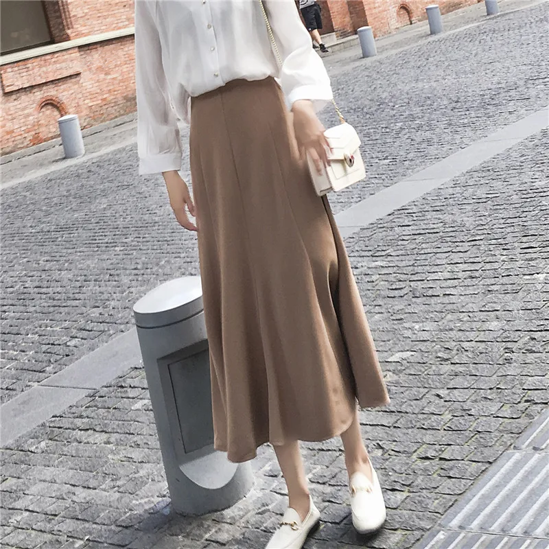 

New Spring Women Chic Mid-Calf High Waist Office Lady Autumn Elegant Solid A-Line Skirt
