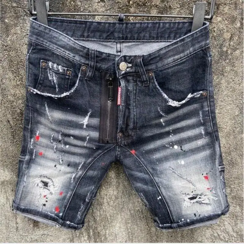 Pantalones vaqueros ajustados italianos para hombre, pantalón corto con cremallera rasgada, estilo DSQUARED2, novedad de verano, 2101 #