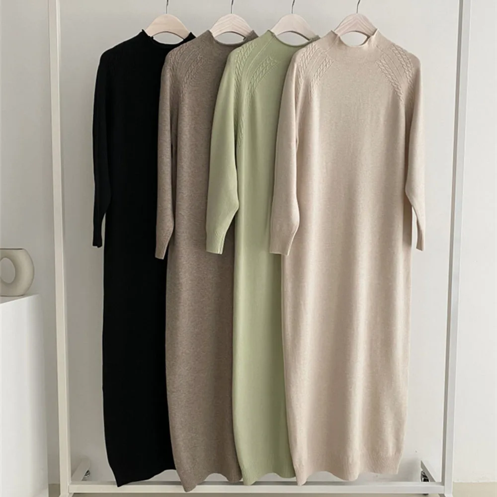 

2021 Japanese Style Autumn Winter Knitted Dress Half High Collar Long Casual Loose Long Sleeve Solid Color Straight Women's