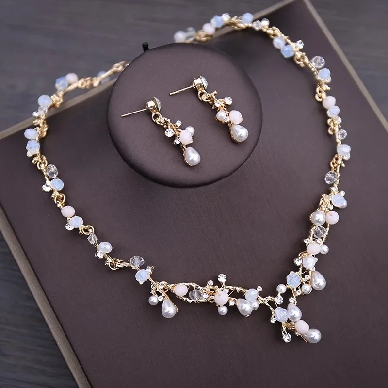 2Pcs Jewelry Set Барокко Винтаж золотой кристалл жемчуг свадебный комплект ювелирных изделий благородные Стразы ожерелье серьги Диадемы Корона набор свадебных ювелирных изделий - Окраска металла: 2Pcs Jewelry Set