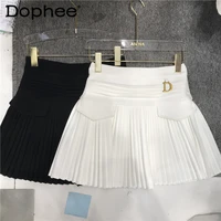 preppy style white pleated a line dance mini skirts women 2021 new spring summer high waist pocket stitching puffy short skirt