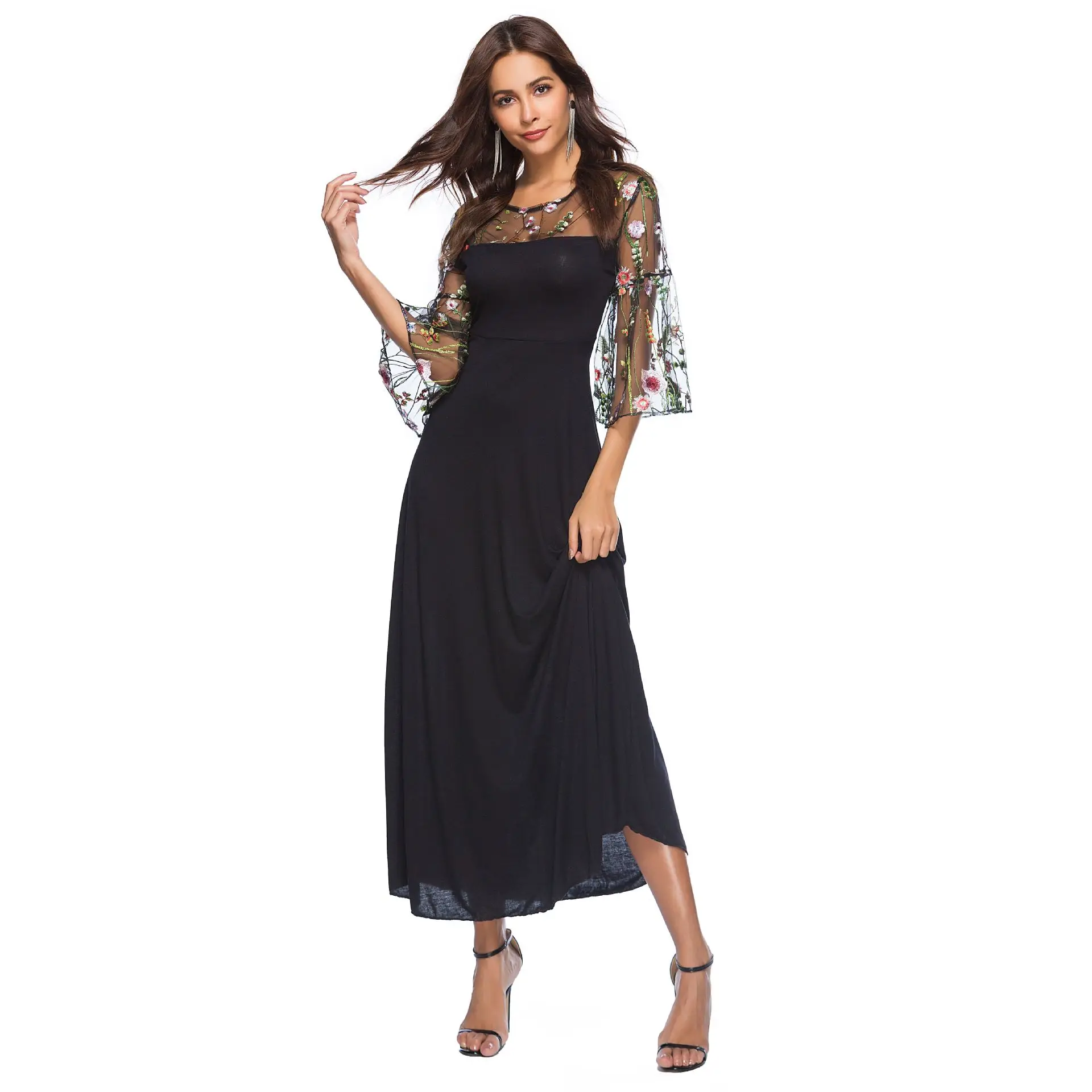 Женское кружевное платье с цветочной вышивкой|Женские платья| |