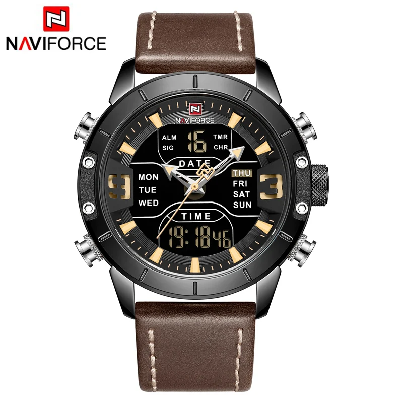 Leather B Y NAVIFORCE мужские часы с двумя дисплеями Лидирующий бренд Модный светодиодный цифровой Роскошные мужские часы кожаные спортивные водонепроницаемые кварцевые наручные часы - Цвет: Leather B Y
