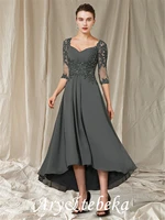 a line mother of the bride dress elegant v neck asymmetrical ankle length chiffon half sleeve with pleats appliques 2021