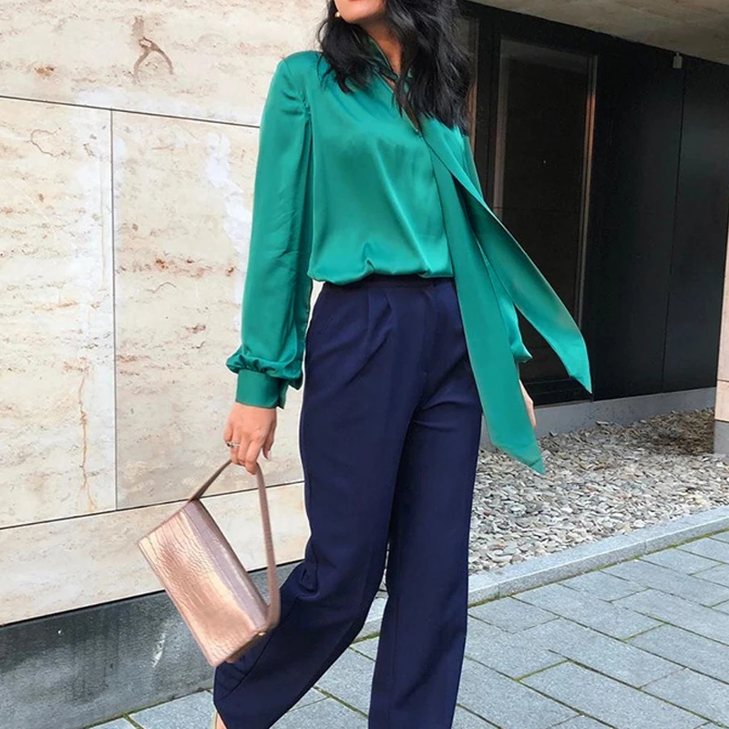 Новинка 2020 женская зеленая блузка с длинным рукавом модные топы со шнуровкой на