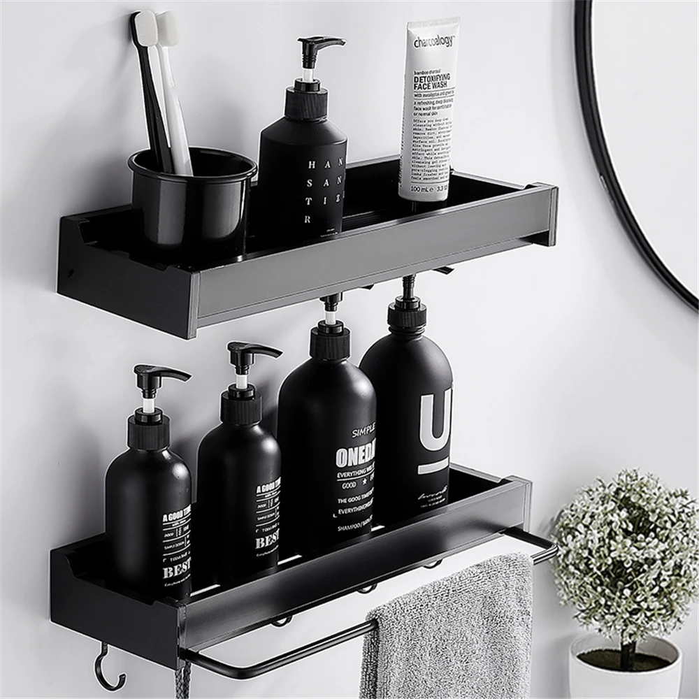 

NEW Bathroom Shelf Shower Storage Rack Holder With Towel Rod Shampoo Tray Stand No Drilling Floating Shelf Organizer
