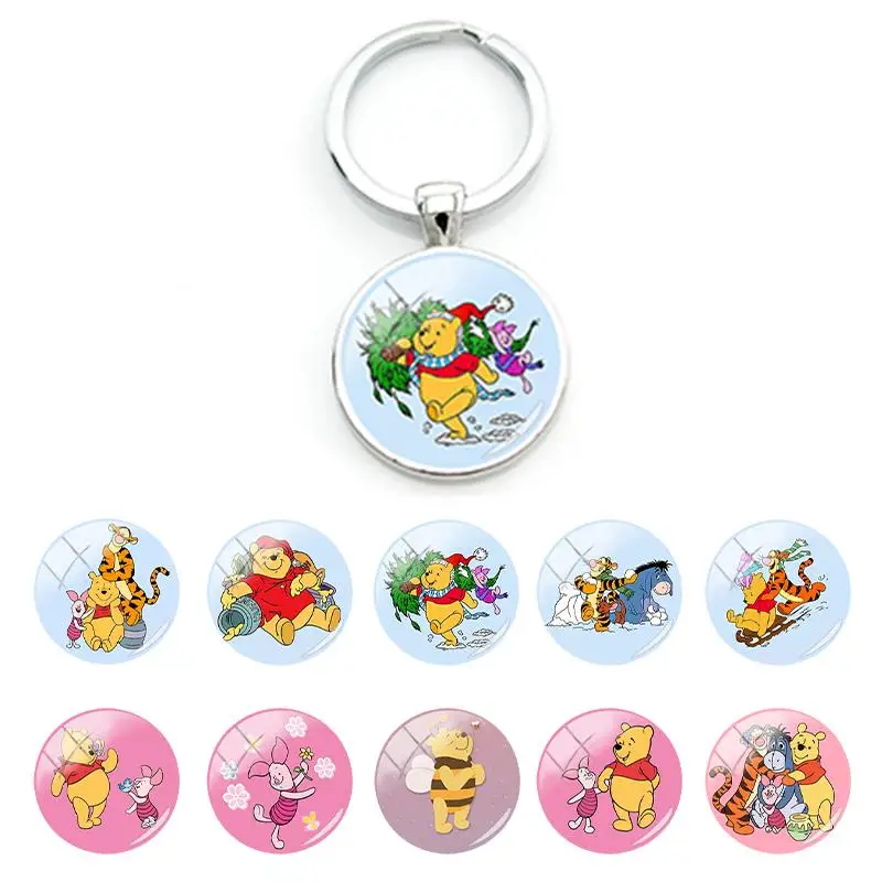 

Disney Keyrings Winnie the Pooh with Friends Pattern Bag Car Key Chain Pendant Glass Cabochon Keychains for Women Gifts WN552