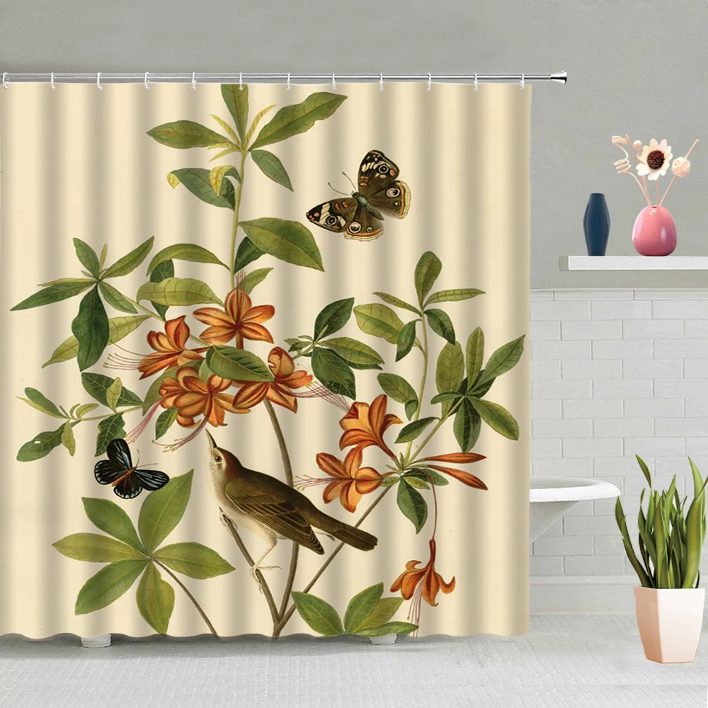 

Retro Background Plant Shower Curtain Lotus Tulip Flower Butterfly Birds Pattern Bathroom Screen Washable Fabric With Hook Suit