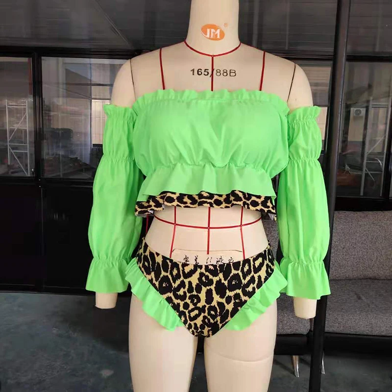 

Leopard Two Pieces Swimsuit Women Long Sleeve Bikini Set 2020 Bikini Set Push Up Bikini Bottom Swimwear Women's Swimming Suit