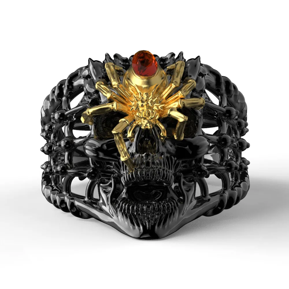 

Vintage Men's Black & Gold Color Two-tone Spider Skull Ring with Red Zircon Gothic Punk Ring For Men Motorcycle Biker Jewelry