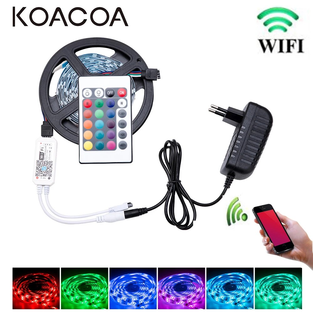 WiFi светодиодный светильник 5050 SMD RGB лента 5 м 10 м 15 м DC12V Гибкая RGB Светодиодная лента e лента Диод+ 24Key контроллер+ адаптер EU