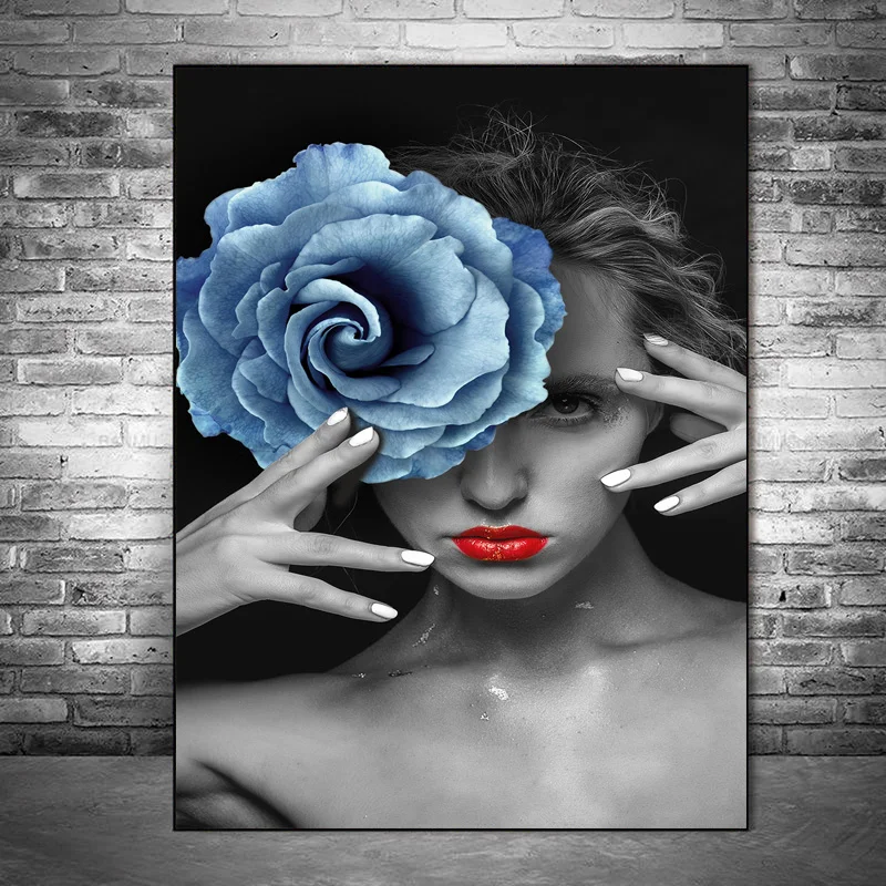 

Modern Woman Canvas Painting Wall Art Print Elegant Girl Blue Rose Wall Poster for Living Room Bedroom Wall Pictures Decor