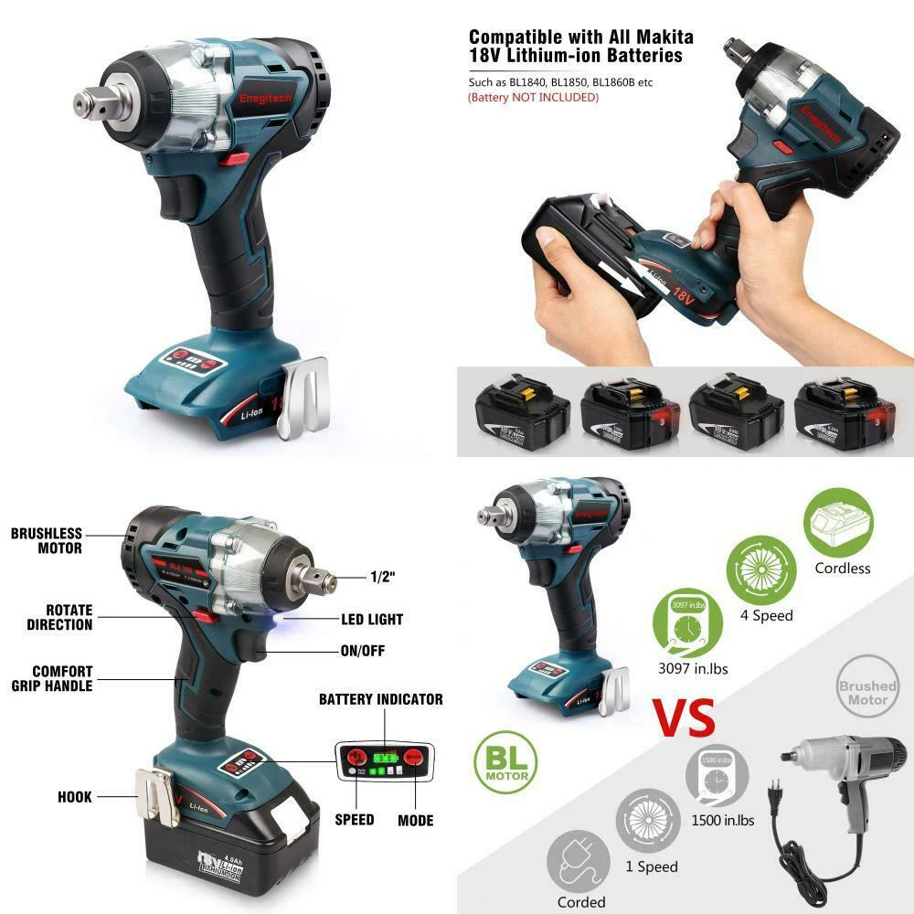 Литий ионный аккумулятор 18 в 1/2 Ач + беспроводной ударный гайковерт бесщеточный 4