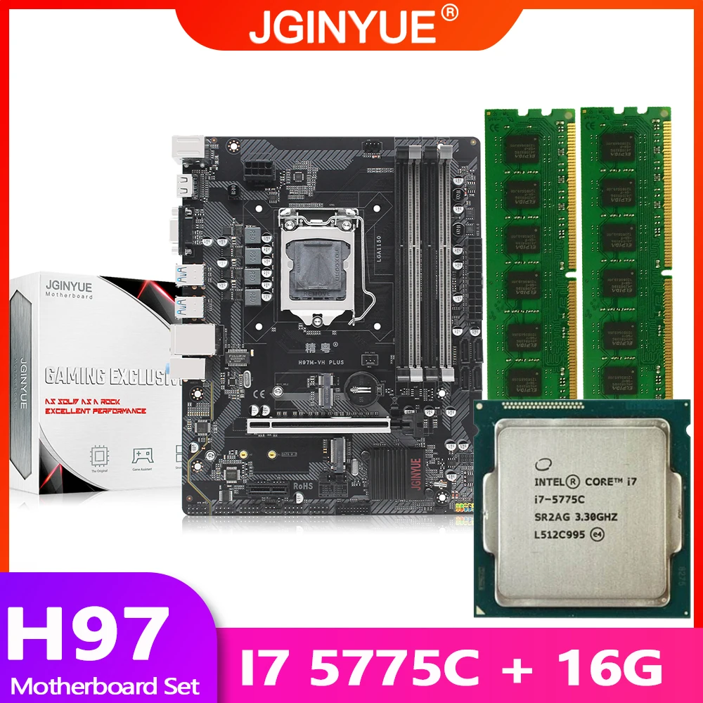 Billig JGINYUE H97 Motherboard LGA 1150 Set Kit Mit Intel I7 5775C Prozessor Und DDR3 16GB 2*8G Desktop Speicher H97M-VH PLUS