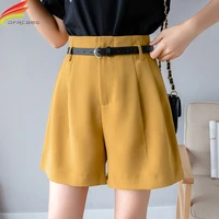new 2021 summer wide leg shorts for women red yellow or black high waist short shorts free belt korean style casual short femme