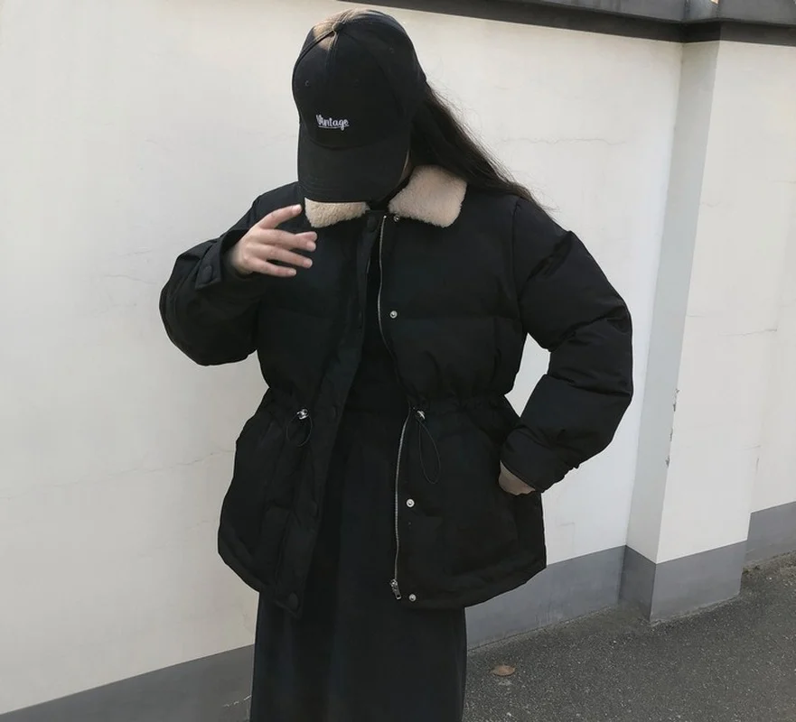 Korean Elegant Thick Cotton Coat Womens Outerwear Faux Rabbit Fur Lapel Warm Jackets Female Drawstring Waist Coats New Winter