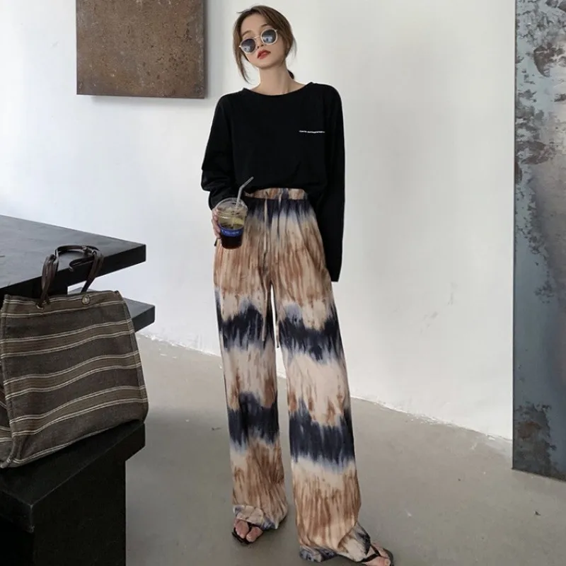 

2021 Promotional Designer Style Tie Dye Wide Leg Pants Loose High Waist Women Straight Long Trousers fashion streetwear