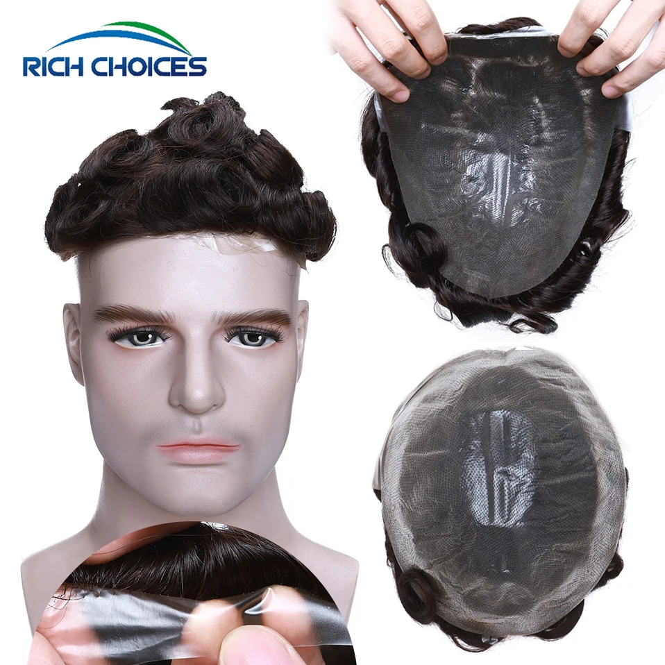 

Men Toupee Full Pu Skin Hair System Replacement Rich Choices Wavy Hair 0.02-0.03mm Thin Prosthesis Wig For Male 90% Density