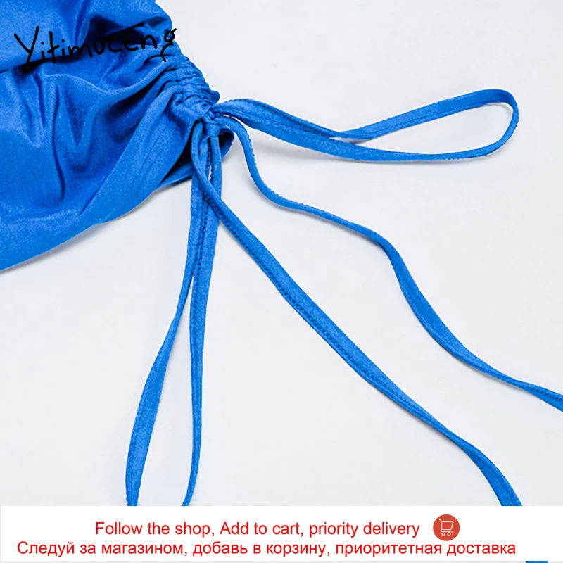 

Yitimuceng Irregular Dress Women Spaghetti Strap Party Dress Sexy Folds Backless Shirring Lace Up Camis Long Dresses 2021 Summer