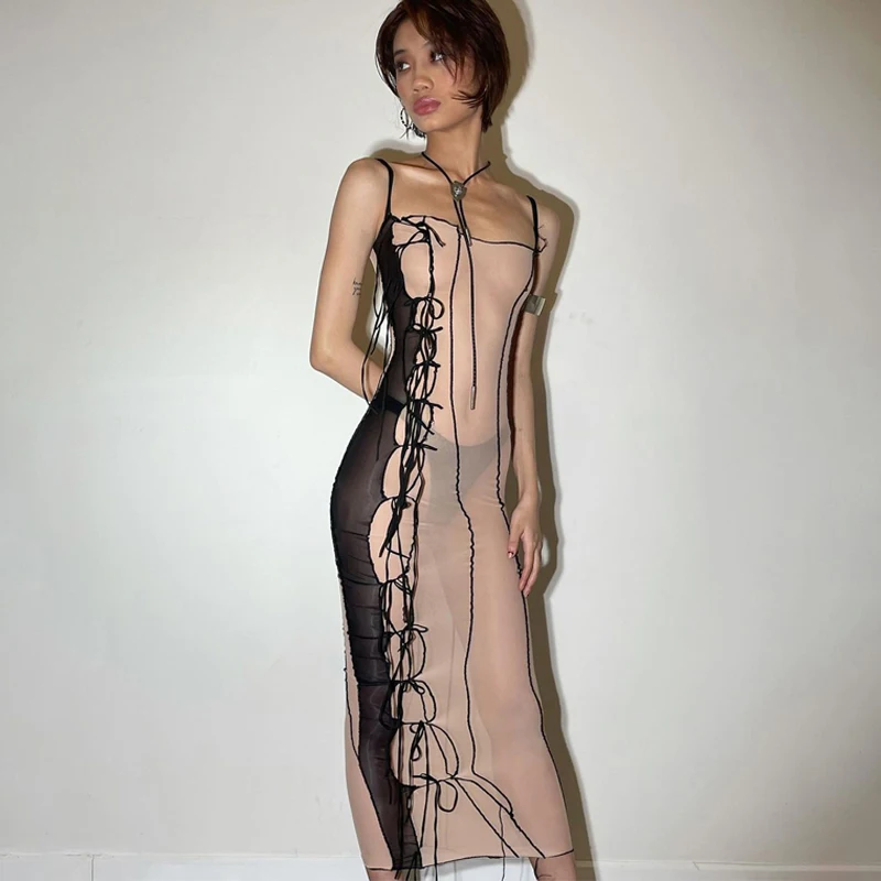 

Sexy Fashion Sleeveless Strap See-through Asymmetric Sexy Dress Women Fashion Streetwear Club Outfits