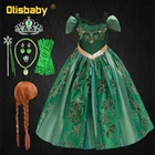Платье Эльзы и Анны для девочек, платье Снежной королевы, зеленое платье принцессы с вышивкой, костюм Анны на Хэллоуин, Детские элегантные вечерние платья