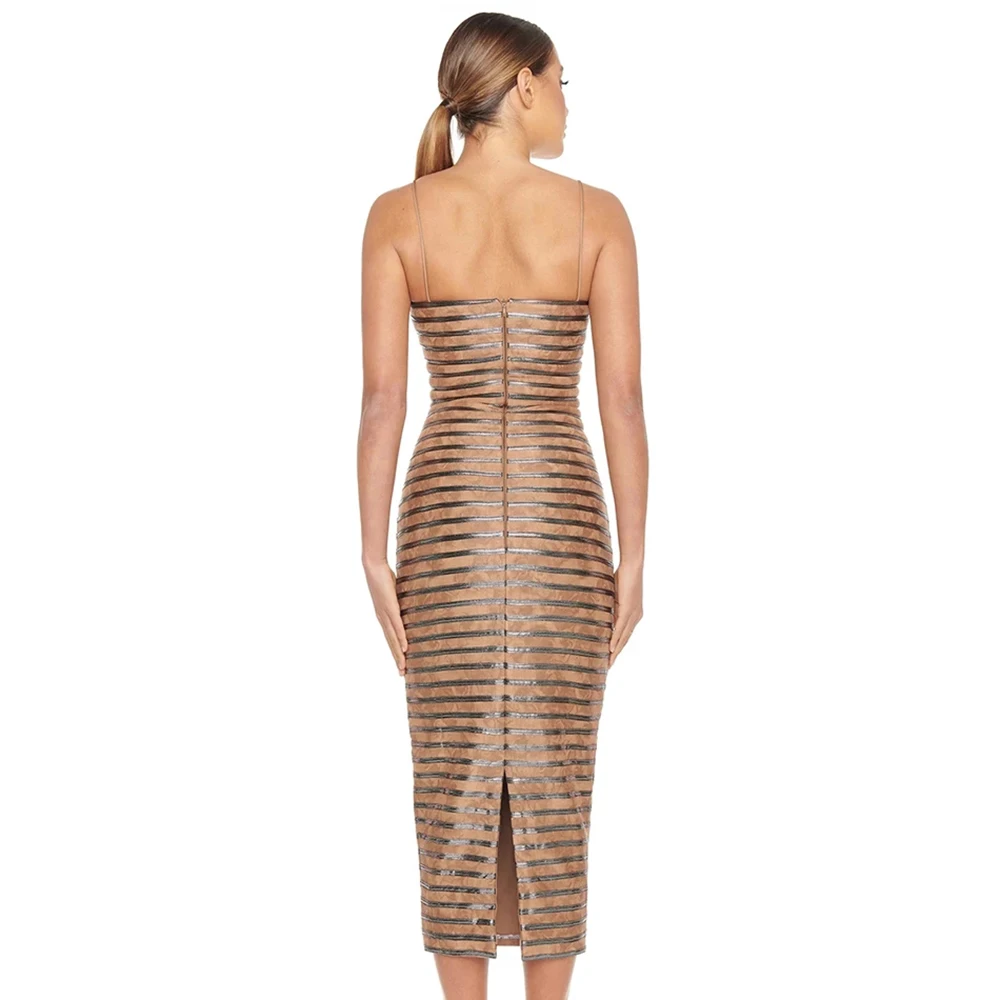 

Sladuo 2021 New Summer Women Charming Trendy Design Striped Midi Nigh Club Sexy Sleeveless Celebrity Evening Runway Party Dress