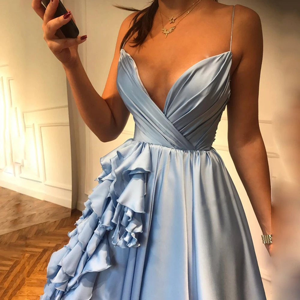 

Elegant Turquoise Evening Dresses Long 2021 V-Neck Satin Ruffles Spagetti Straps A-Line Prom Gowns Plus Size vestidos de fiesta