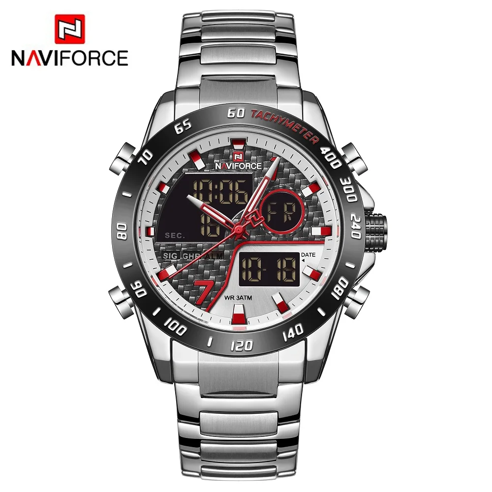 Silver Black NAVIFORCE, мужские часы, модные, спортивные, кварцевые, светодиодный, цифровые часы, мужские, s, военный хронограф, наручные часы, Relogio Masculino - Цвет: Silver Black