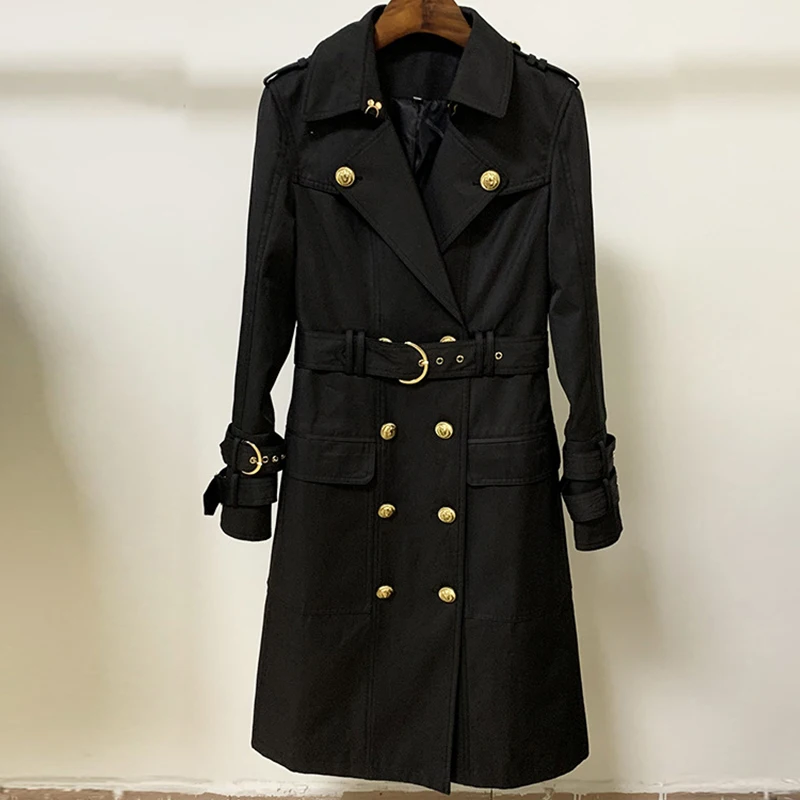 

2020 Autumn Winter Trench Coat Women Black High Quality Classic Gold Double-breasted Belted Long Windbreaker Jackets Women