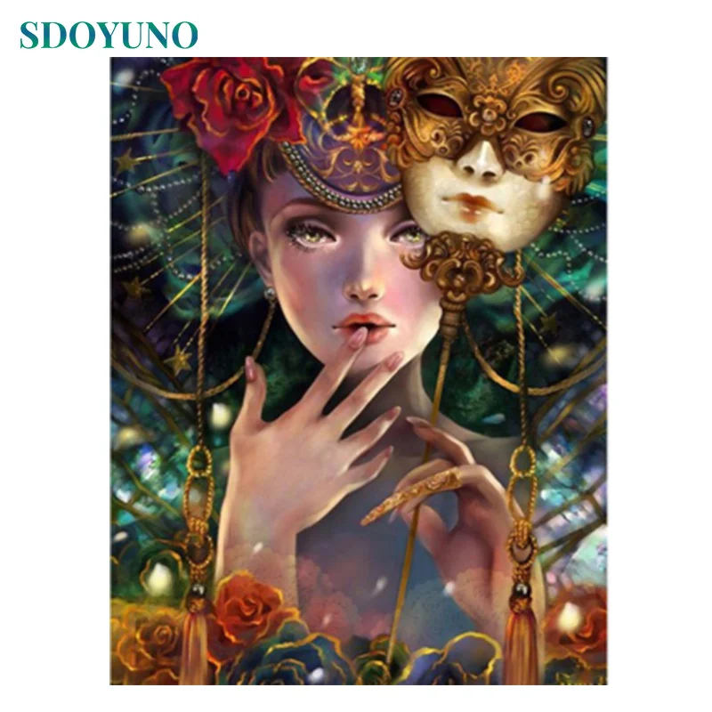 

SDOYUNO oil painting by numbers Mask women Room Decoration pictures by numbers Canvas Painting diy Frameless 60X75cm