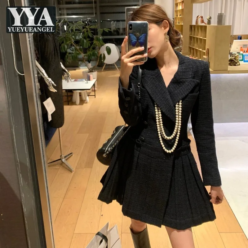 Fashion Tweed Dress Women Autumn Long Sleeve Lapel Pocket Double Breasted Slim Pleated Dress Office Ladies Elegant Mini Dresses